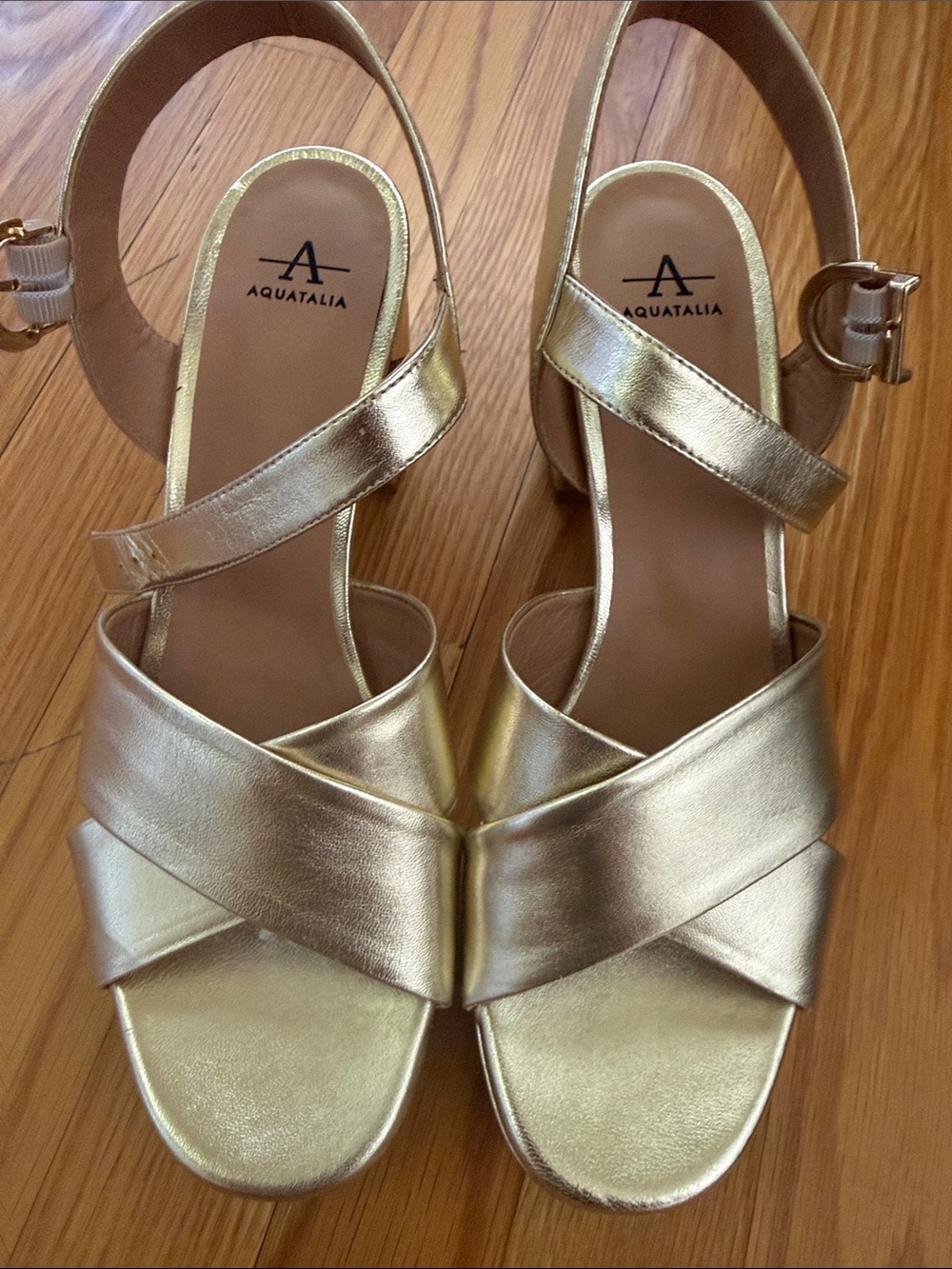 Aquatalia Metallic Gold Crisscross Strap Heeled Sandals